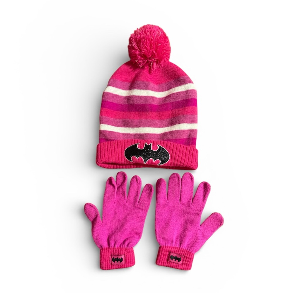 Kids DC Comics Bat Girl pink beanie hat and Gloves Set